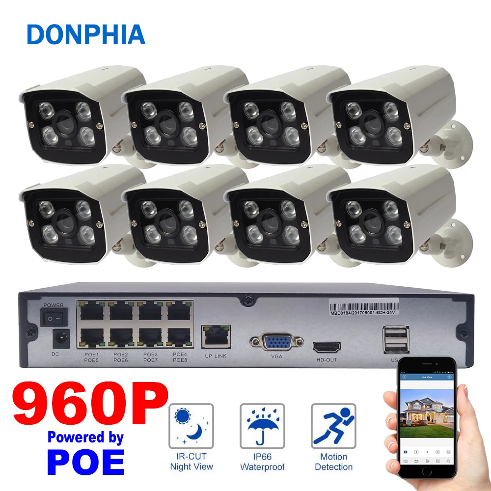 

8CH Camera System POE 960P Outdoor IP Camera Waterproof Security System POE NVR Kit 1.3MP Security Surveillance System IR Night