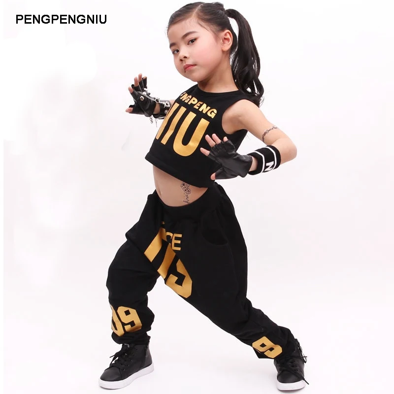 PENGPENGNIU Jazz Dance Costumes for Girls Spring Summer 2018 Kids Street Dance Clothes Sets Teenagers Hip Hop T Shirt Pants Sets children hip hop clothing t shirt long sleeve shirt leggings short pants 4pcs set girls boys street dance costume y919