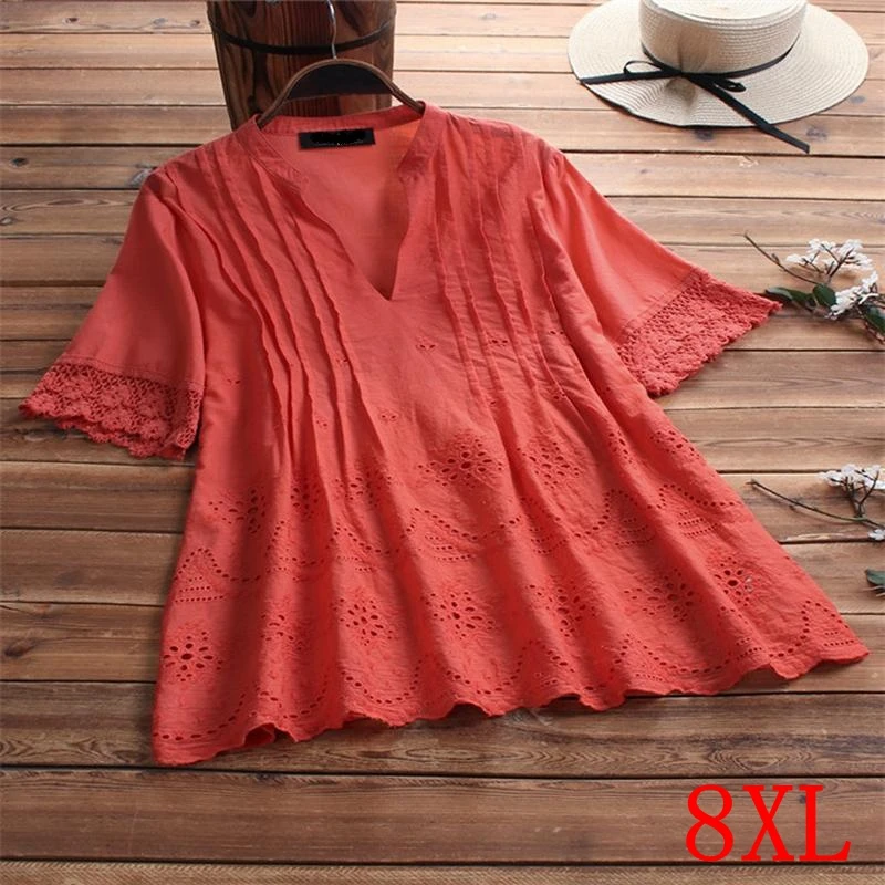 Большие размеры женская рубашка кружева большие 5XL 6XL 7XL 8XL Лето v-образным вырезом