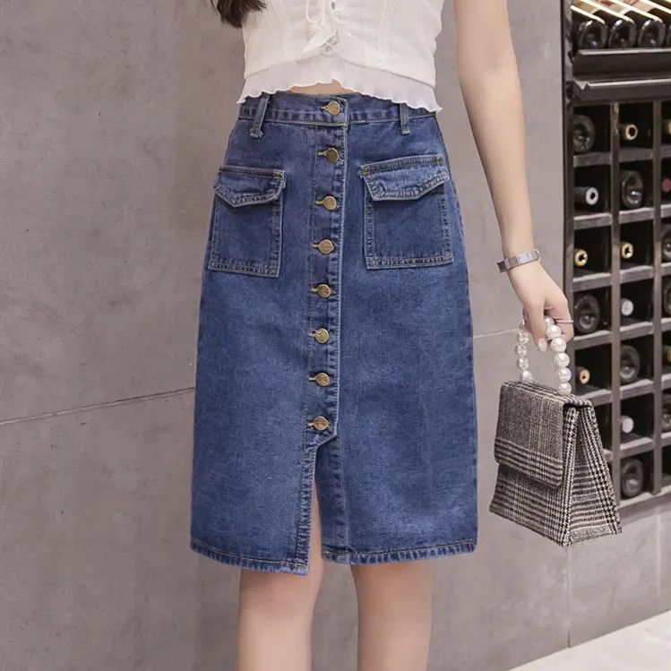 

2019 Fashion Women High Waist Plus Size Skirt Button Summer Buttons Pockets Jeans Skirt Elegant Denim Knee Length Skirt