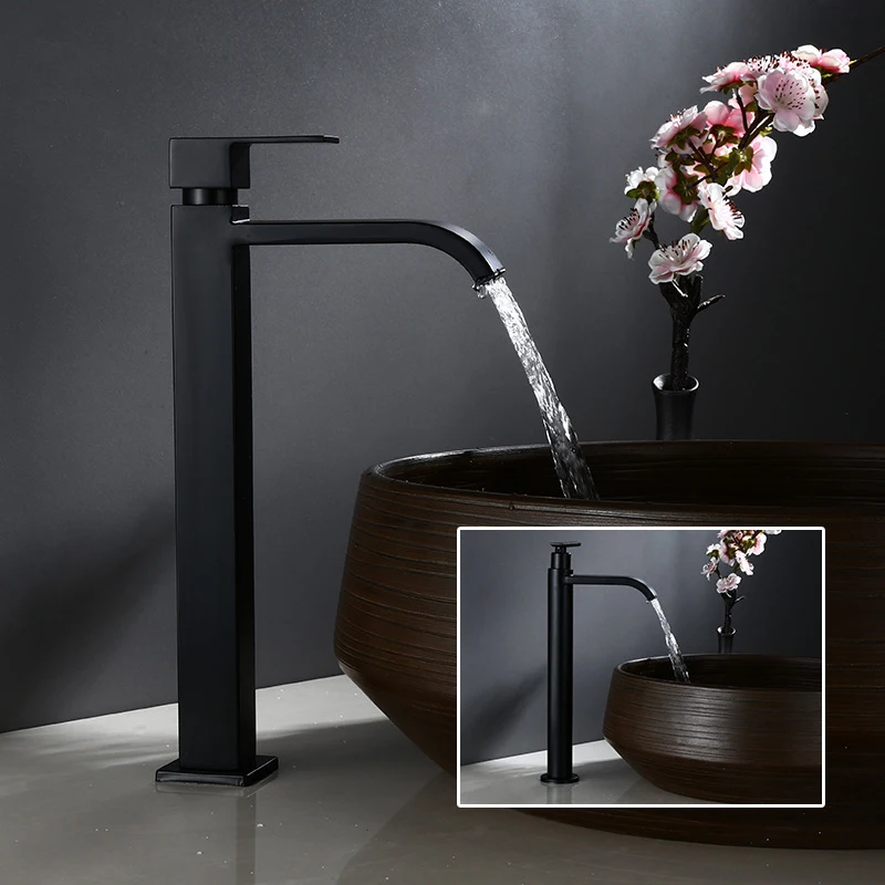

Matte Black Waterfall Tall Basin Faucet Stainless Steel Bathroom Sink Washing Tap Single Cold Water Tap Single Lever Deck Mount