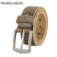 Renie SEAN ремень из натуральной кожи мужские винтажные армейские зеленые ремни для брюк мужские брендовые высококачественные кожаные ремни из воловьей кожи с пряжкой