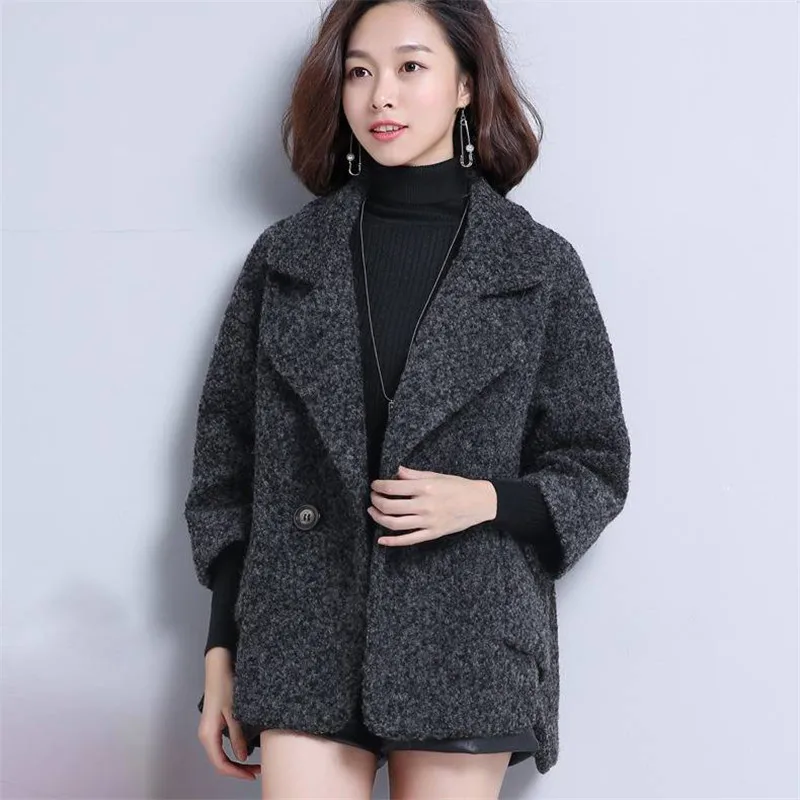 

Fashion pearl buttons jacket checkered winter warmThicken Tweed coat casual plus size loose wool cape coat women manteau femme