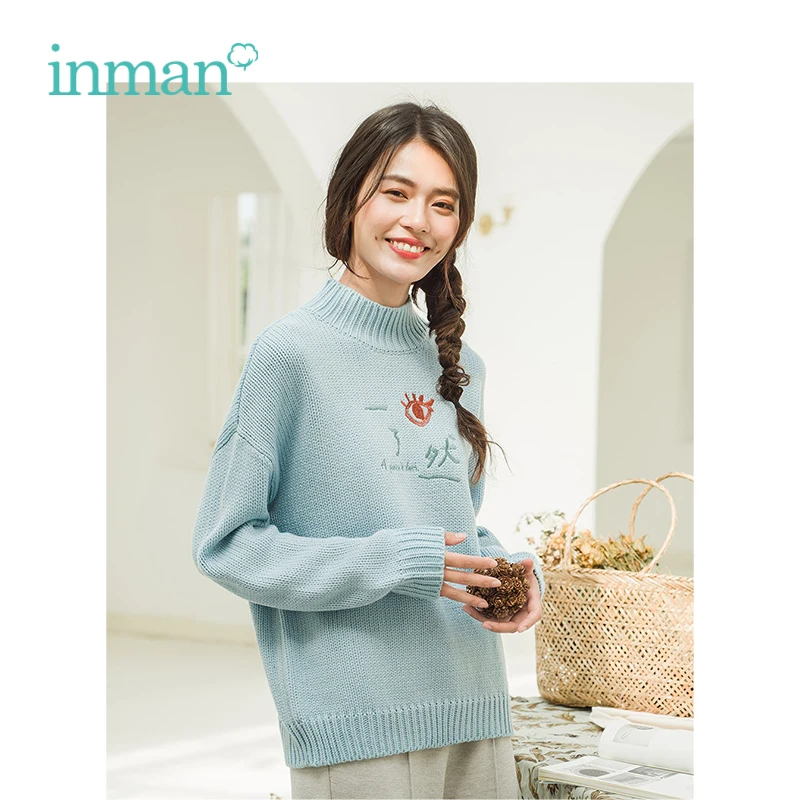 

INMAN Autumn New Arrival Female Half-high Collar Embroidery Literary Loose Women Pullover Sweater