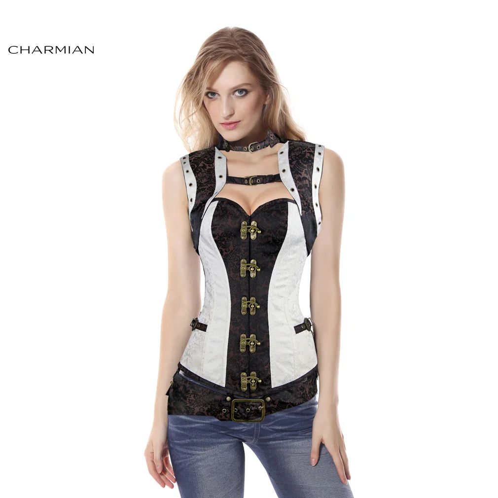 Charmian Women's Plus Size Steampunk Corset White Steel Boned