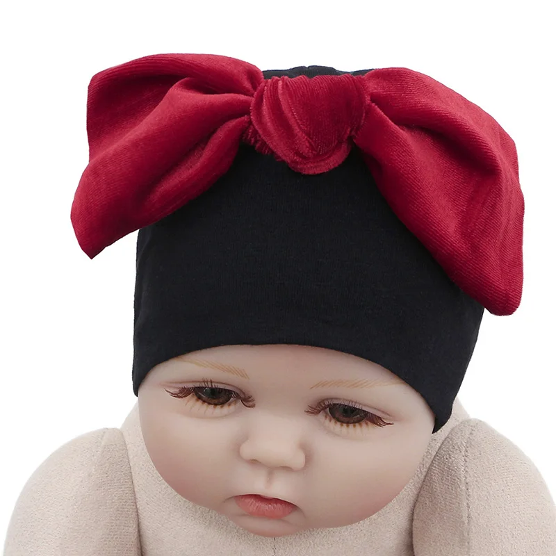 GZHilovingL/Бархатная Шапка-бини с бантом для маленьких мальчиков и девочек 0-5 месяцев, шапка, зимняя хлопковая шапка для маленьких девочек, аксессуары для новорожденных