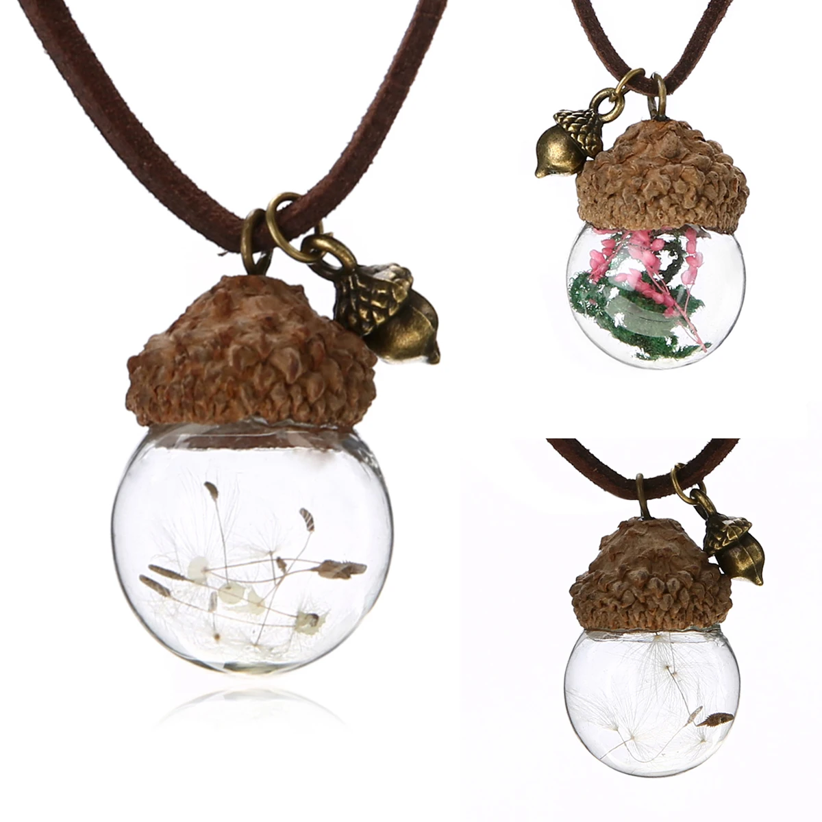 Fashion Crystal Glass Ball Acorn Necklace Shellhard Pinecone Dandelion Flower Pendant Necklace Vintage Jewelry Femme Bijoux