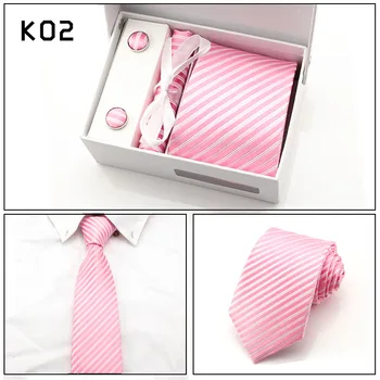 

Fashion Mens 8CM Ties Sets Cufflink Cravat Tie Clips Pink Striped Formal Necktie Luxury Anniversary Cocktail Party Neck Tie Set