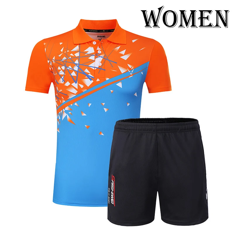 Мужские/женские теннисные майки, наборы, дизайн, спортивный костюм, шорты с майкой, дышащие быстросохнущие для бадминтона и настольного тенниса, спортивная одежда - Цвет: Women Orange Blue