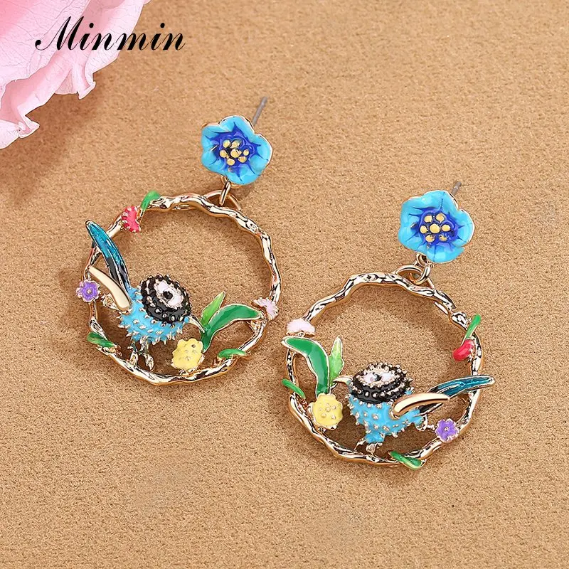 

Minmin Gorgeous Spring Garden Birds Flowers Drop Earrings for Women Exquisite Wreath Round Dangle Earrings Party Jewelry MEH1474
