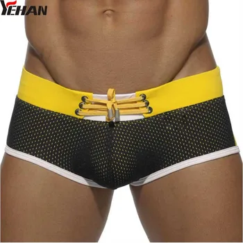 

Bathing Suit Men Sexy Nylon Swimwear Patchwork Swim Trunks Low Rise Yellow Maillot Homme Board Shorts Mesh Drawstring