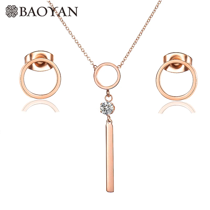 Baoyan Модные полые круглые циркониевые кулон ожерелье набор золотистый Серебристый с розой золотой цвет из нержавеющей стали комплект ювелирных изделий для девочек