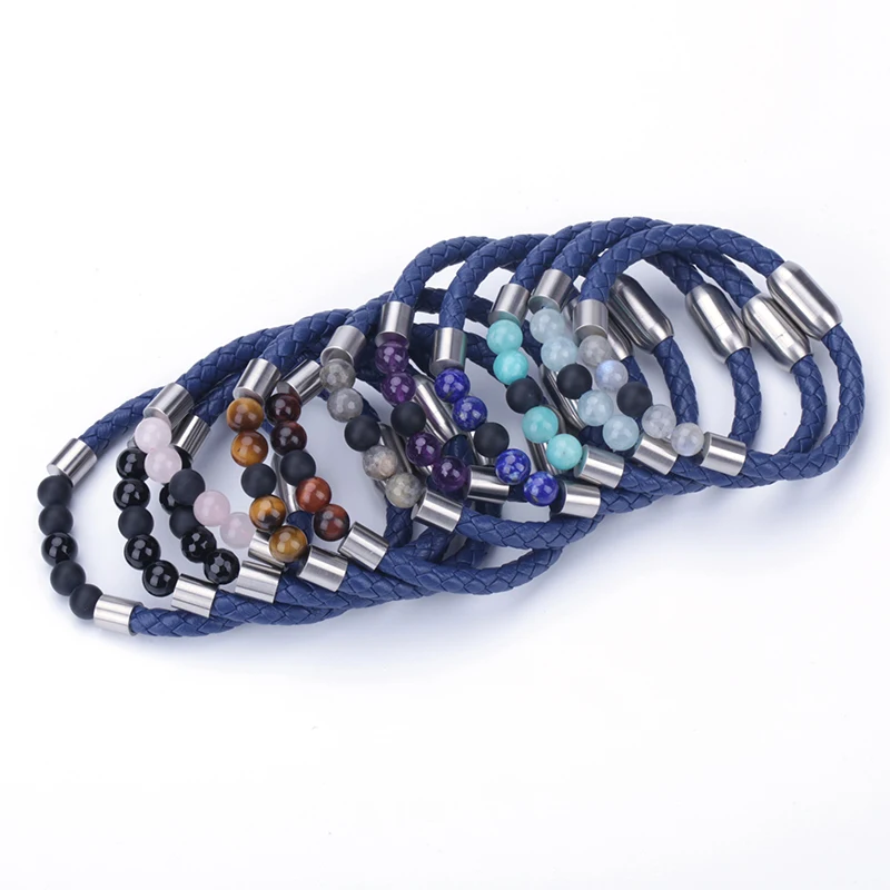 

Matte Onyx Multi Stone Bead Stainless Steel Charm Real Dark Navy Blue Leather Magnet Clasp Customized Unisex Bracelet Bangle