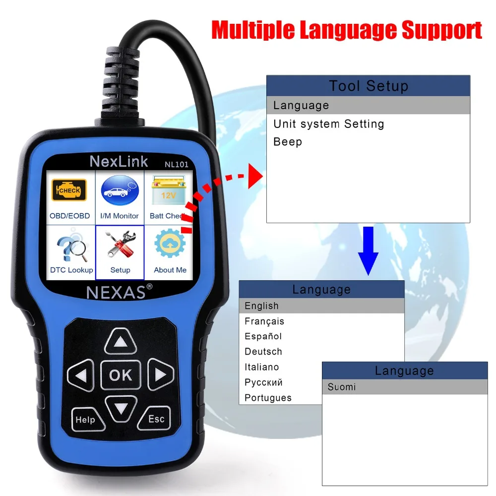 OBD2 сканер Авто диагностический инструмент Nexas NL101 с батареей тест для диагностики