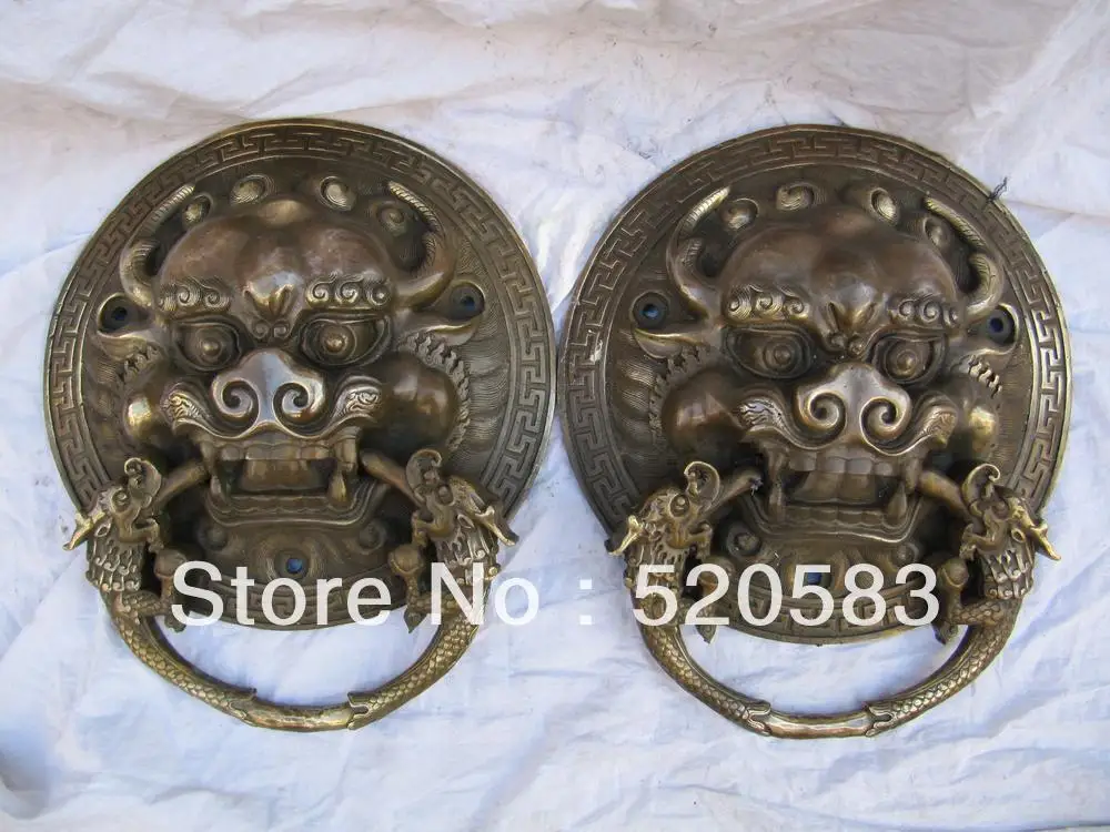 

Chinese copper brass lion foo dog with dragon handle door-god knocker fengshui
