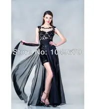 Spezielle Gelegenheit 2016 Schwarz U-ausschnitt Applique Brautkleider Sheer Mit Kappen-hülsen Chiffon Mantel Abendkleider N442