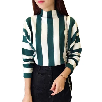 

Women Casual Autumn Winter Turtleneck Striped Patchwork Pullovers Sweater Ladies Loose Crochet Sweaters Female Outfit Tops