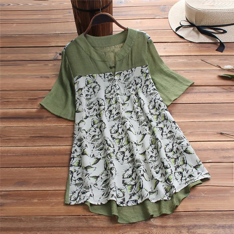 

Women Loose Blouse Plus Size Casual Boho Linen Splice Cat Print Swing Long Section Temperament Fashion Ladies Shirt Tops *