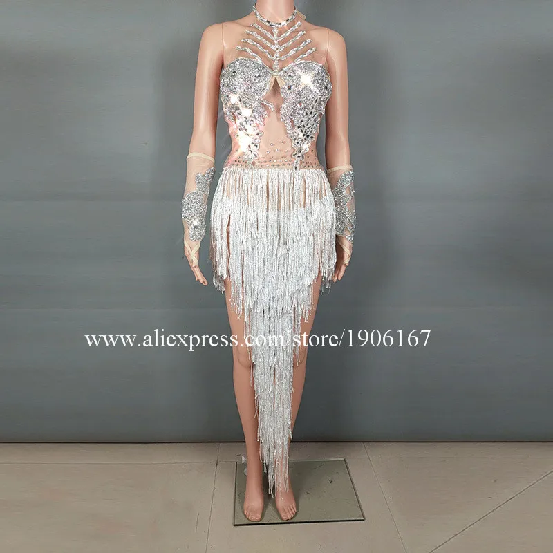 Sexy complexion hot drilling white tassel bar nightclub female singer dj dance team clothes02