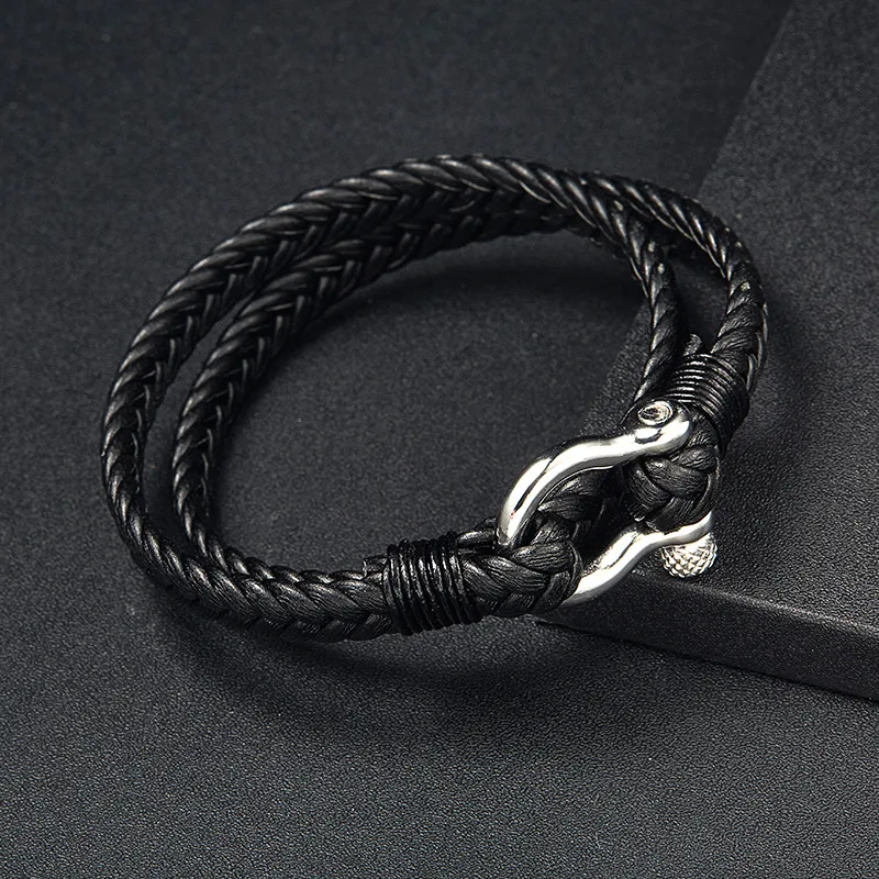 Stainless Steel Outdoor Camping Sport Style Geometric Circle Toggle-clasps Men's Woven Leather Rope Bracelet Double-layer Design