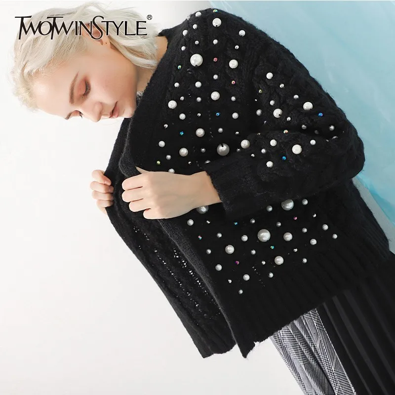 TWOTWINSTYLE Patchwork Beading Knitting Female Cardigan Long Sleeve Pearl Short Sweater For Women 2018 Autumn Casual Fashion |