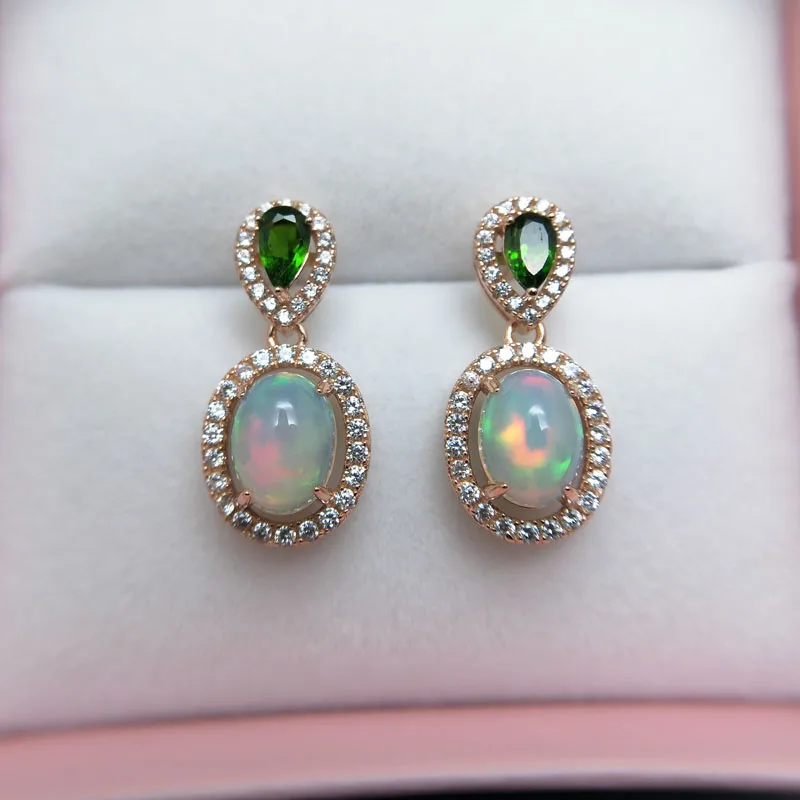 

Rosalie,Two color natural gemstone Ethiopian Opal with tourmaline fancy color earring 925 sterling silver fine jewelry for women