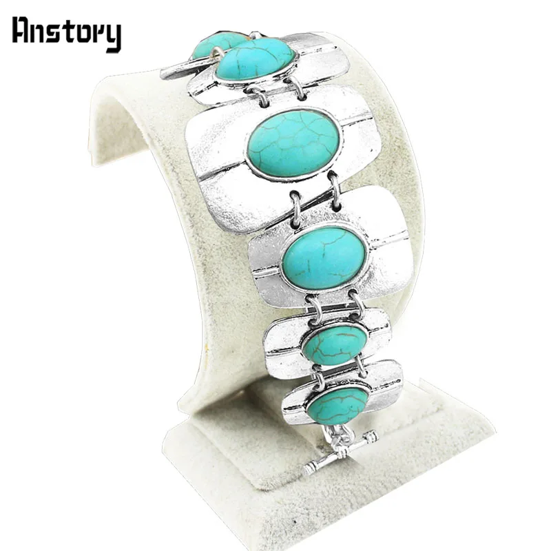 Прочный продолговатые овальный камень браслет для Для женщин Винтаж сплав Посеребренная Модные украшения B006