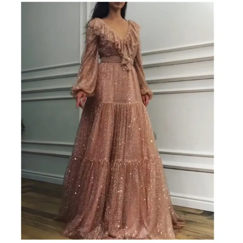 

2019 Women Sexy Deep V Neck Sequined Maxi Dress Lantern Sleeve Ruffle Dress Club Party Hining High Waist Dress