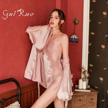 

Women's Sexy Lace Nightdress Robe Thin Section French Elegant Sexy Nightgown Water Soluble Flower Temptation Nightdress Robe
