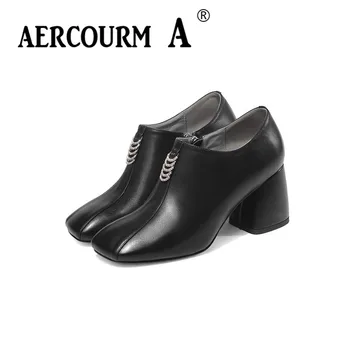 

Aercourm A 2019 Women Shoes Genuine Leather Shoes Square Heel Pumps Spring White Black Rhinestone Shoes Women Shoes High Heel
