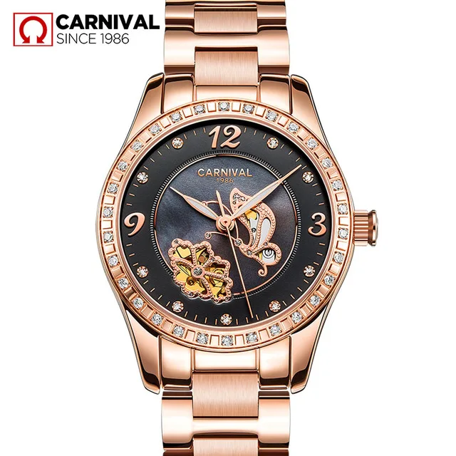 Carnival Mechanical Watch Women Ceramic Clock Butterfly Design Women's Watches Top Brand Luxury Women Sapphire Crystal Female - Цвет: Black