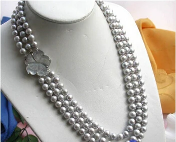 Ожерелье из жемчуга пресноводного культивированного жемчуга серого цвета 3 ряда 9 мм p868> оптовая продажа красивых женских свадебных украшений