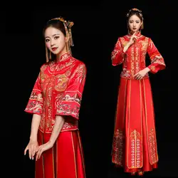 Винтаж тонкий древних платье невесты красный китайский женские свадебные чехонг-костюм Oversize 3XL вышитое платье-чанпао тост одежды