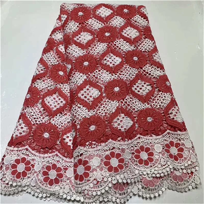 

Guipure lace fabric for big occasion 2019 New arrival Red and white cord lace with stones african fabric 5yards