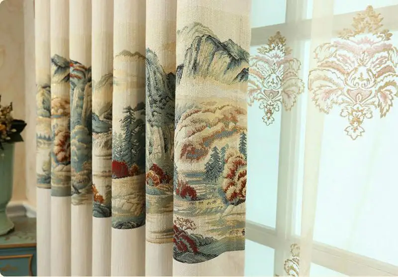 Затемненные занавески в китайском стиле, льняные занавески для гостиной, греческий ключ, природные пейзажи и красные пионы, экологичные занавески, украшения - Цвет: Design No.2 Curtain