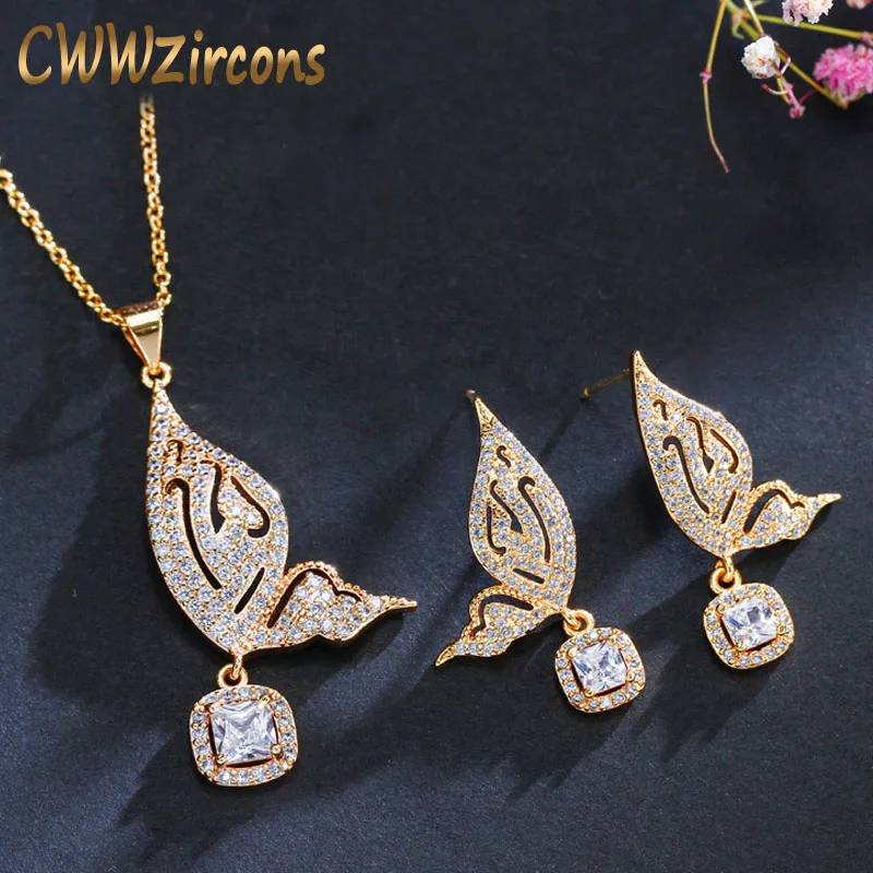 

CWWZircons Yellow Gold Color Lovely Butterfly Shape Cubic Zirconia Sterling Silver 925 Jewelry Sets For Women Accessories T004