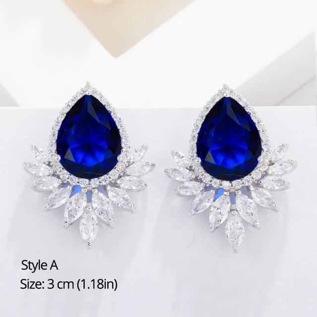 BeaQueen Leaf Flower Teardrop Cubic Zircon Royal Jewellery Big Dark Blue CZ Crystal Long Dangle Wedding Earrings for Women E293 Style A