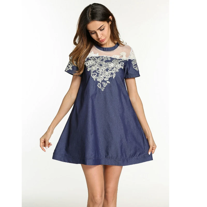 Plus Size S-5XL 2018 Summer Dress Women Mesh Splicing Embroidery Denim Dress Female Short Sleeves Loose O-Neck Jeans Dresses