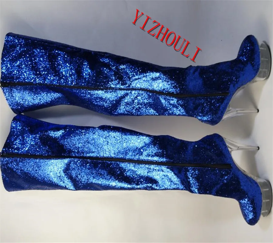 Big size 34-46, Glitter PU Leather Knee High Boots Women Crystle High Heels Platform Over The Knee Boots Night Dance Shoe