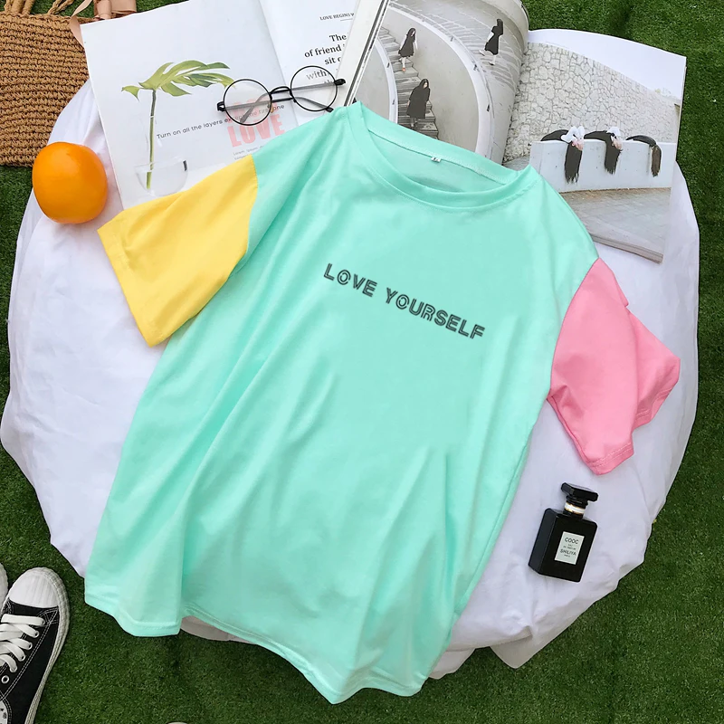 LOVE YOURSELF Letter oversized t shirt Korean Funny Top Women's tee Hit Color Spliced Cotton Kpop Woman clothes T-shirts | Женская
