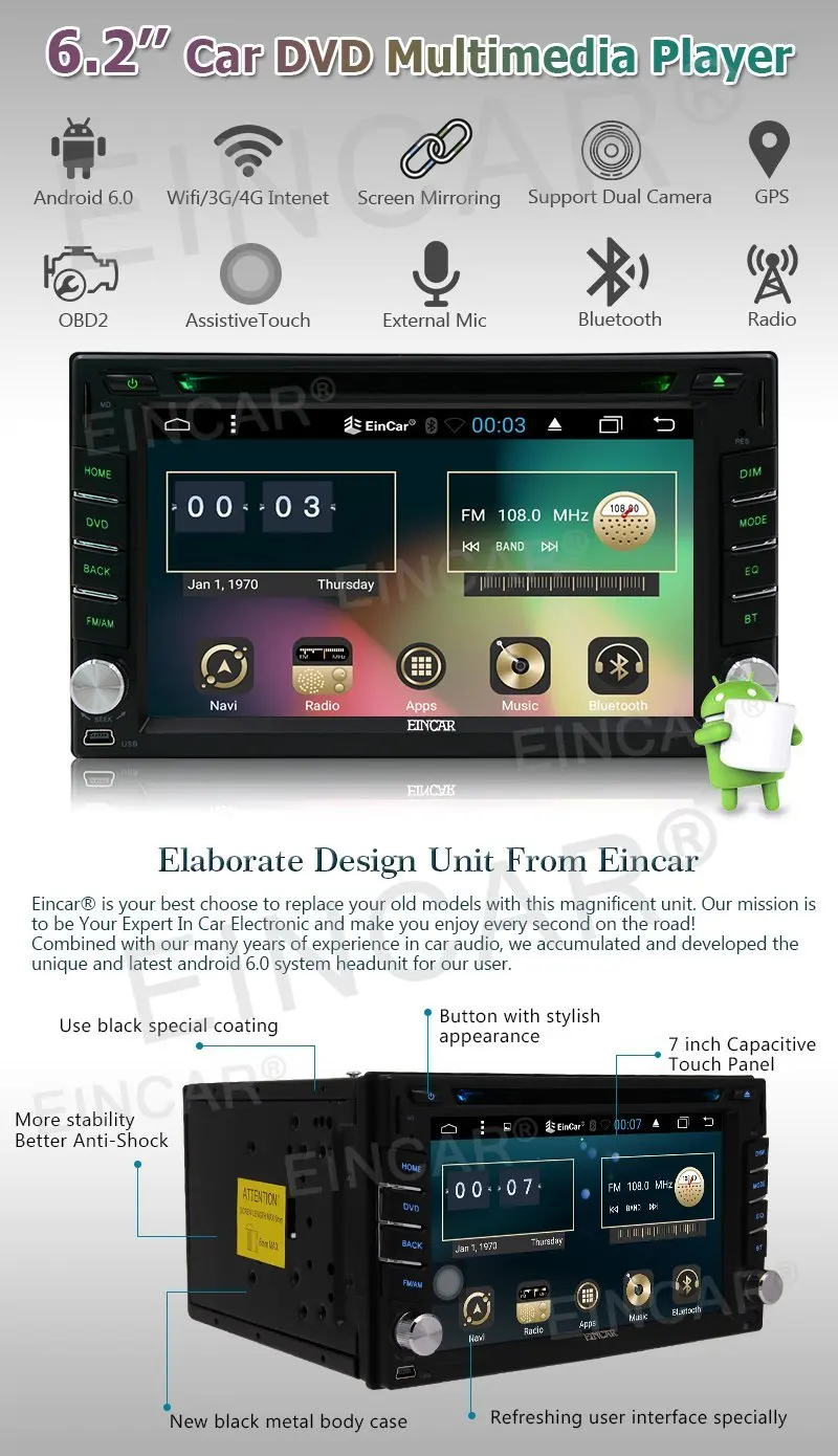 Perfect Android6.0 Stereo 2din GPS Navigator Capacitive screen Car DVD Player FM/RDS Autoradio SWC USB/SD Headunit+Front & Backup Camera 1