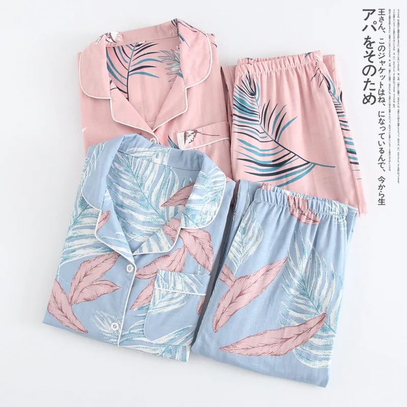 

QWEEK Cotton Women Pajamas Thin Gauze Sleepwaer Pyjamas Women 2019 Soft Loose Pajama Set Casual Long Sleeve Pijamas Suit