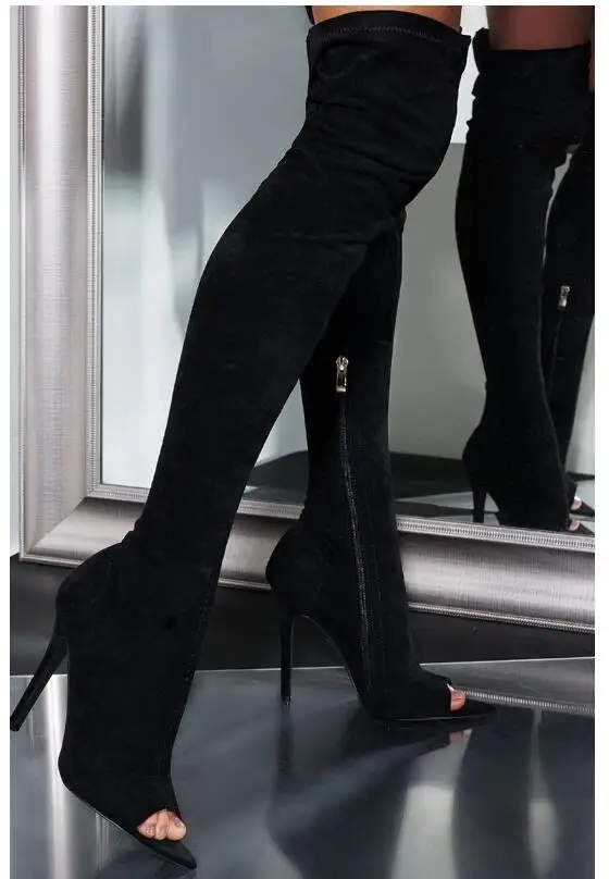 black peep toe thigh high heeled boots