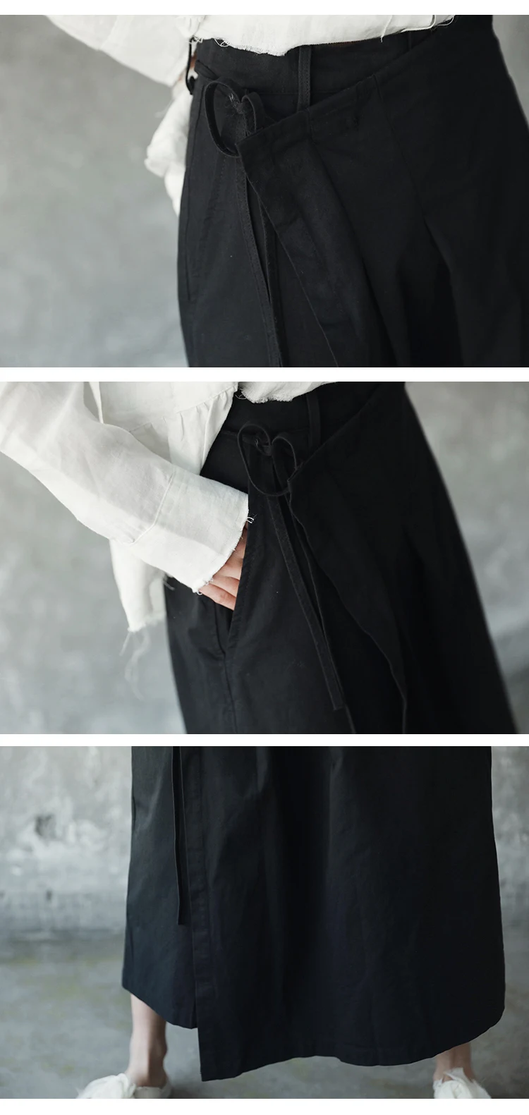 Cakucool темно-черные женские весенние Промытые винтажные широкие брюки с асимметричным поясом Юбка Брюки Капри до середины икры Большие женские брюки