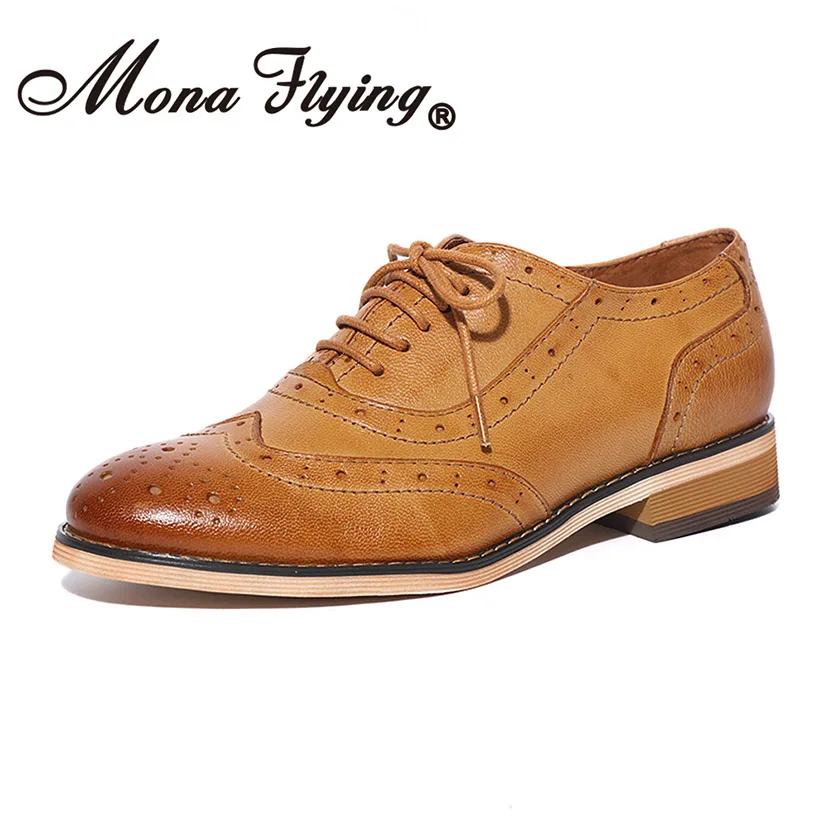 Mona Flying Womens Leather Oxfords Shoes Stylish Perforated Wingtips Brogues Flats Lace-up Shoes for Woman Ladis Female A068-1 
