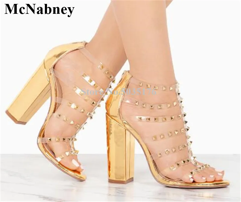 

Summer Solid New PVC Rivet Zipper Narrow Band Ladies Shoes Fashion Peep Toe Women Sandals High Hoof Heel Cover Heel Women Shoes