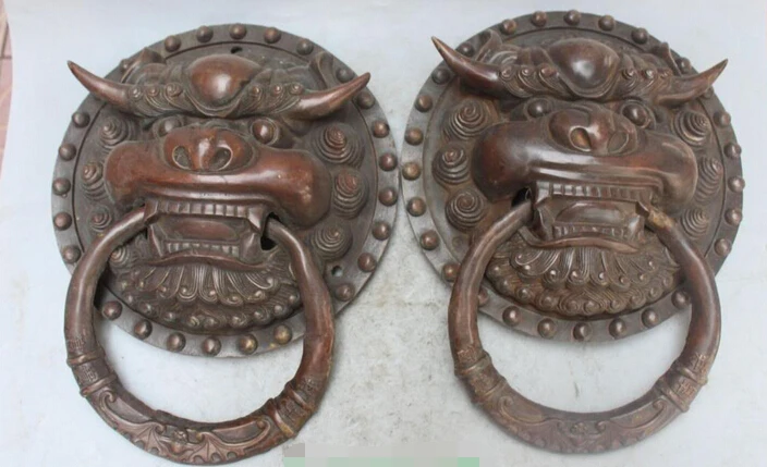 

bi002757 15" Chinese Bronze Fengshui Fu Foo Dog Guardion Lion Head Gate Door knocker Pair