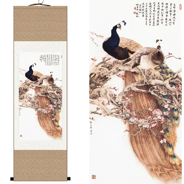 

Traditional Chinese Silk watercolor flower bird Peacock phoenix ink art print canvas wall picture damask framed scroll painting