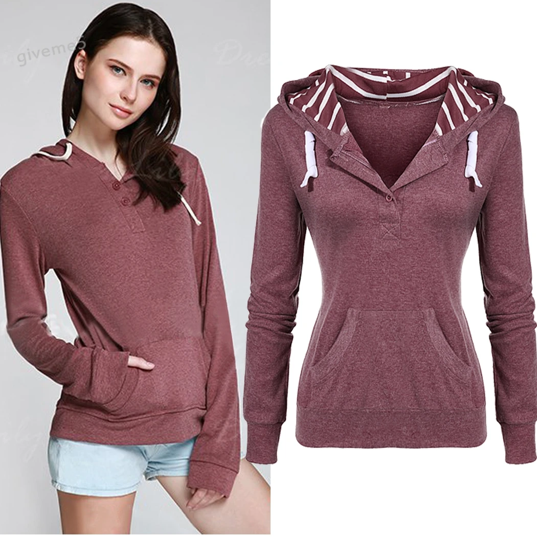 Stylish Ladies Striped Hooded Buttoned Pocket Pullover Women Hoodie