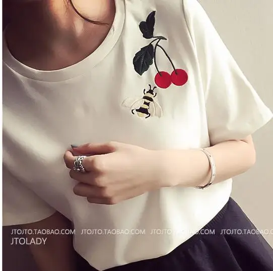 

CPI Summer Women Preppy Style Tee Tee Top Cherry Embroidery Knitted T shirt Harajuku Casual Slim Short Sleeve T-shirt